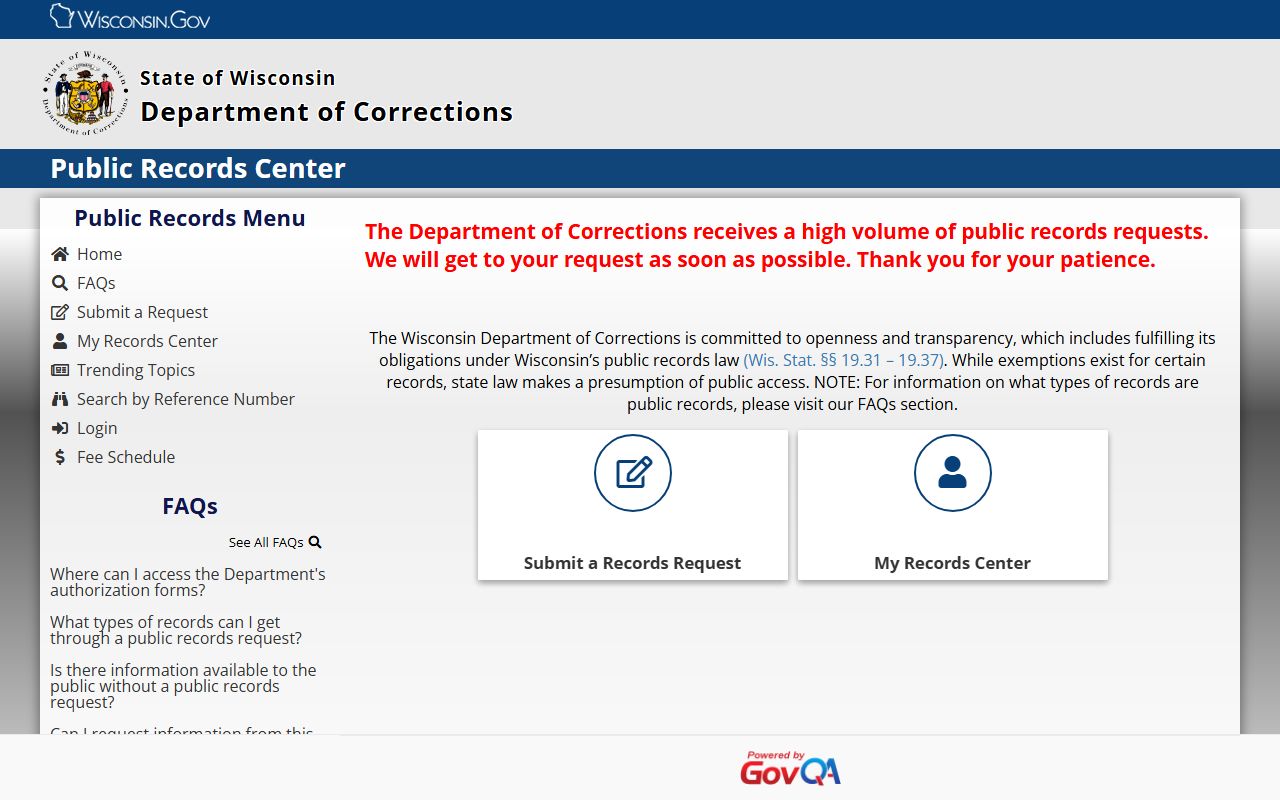 Wisconsin DOC public records portal for inmate records requests