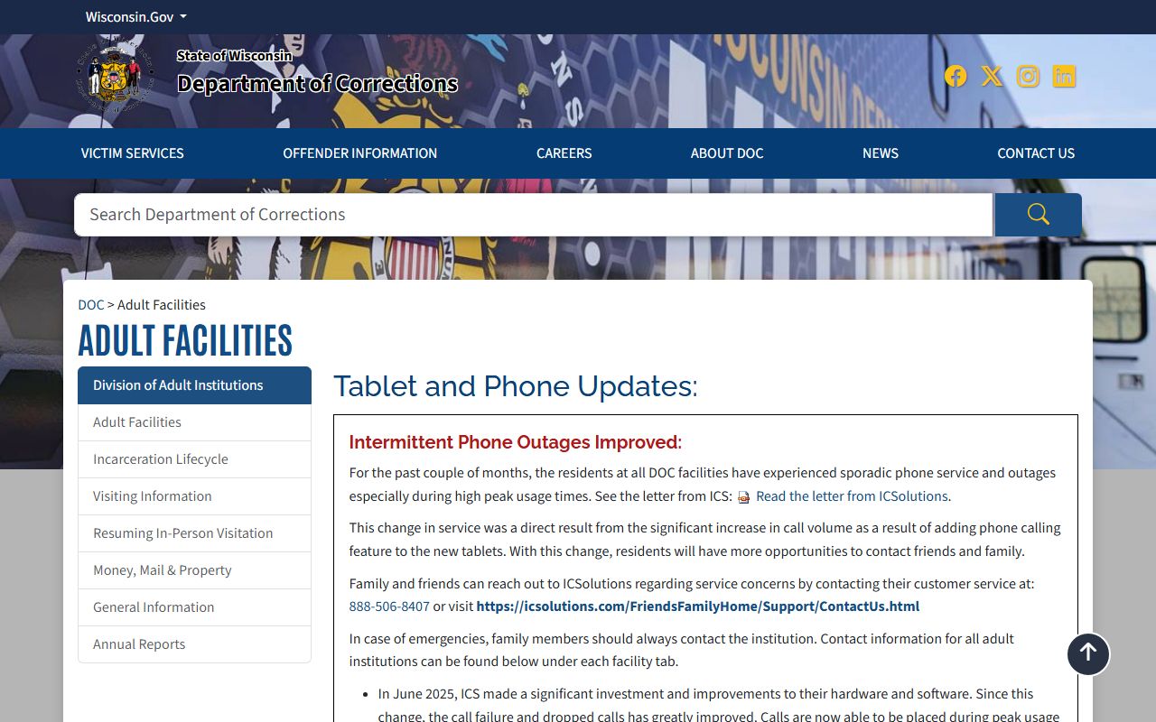 Wisconsin DOC adult facilities list for statewide detention facility directory