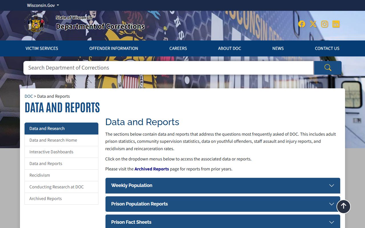 Wisconsin DOC data and reports page for inmate population statistics