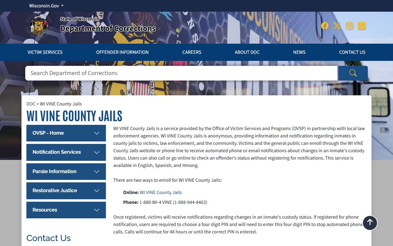 Wisconsin VINE county jails page for inmate custody notifications